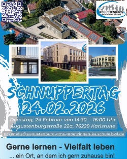Werbeflyer für den Schnuppertag an der Augustenburg Gemeinschaftsschule Grötzingen am 24.02.2026